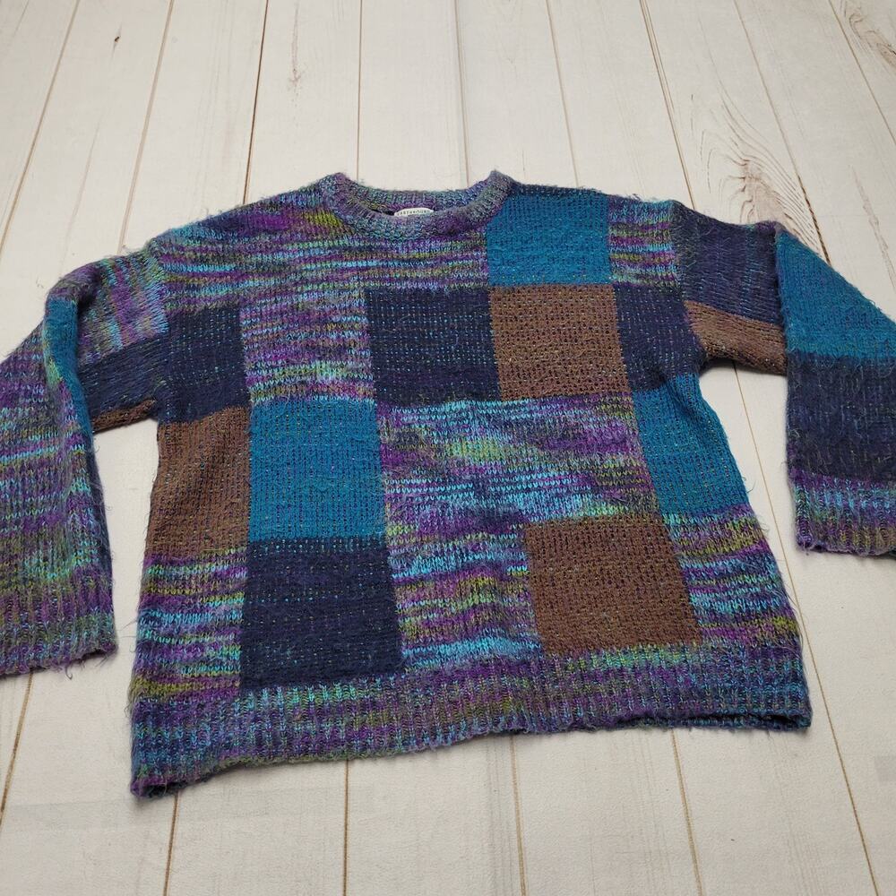 Earthbound Trading Company knit patchwork boho sweater purple quilt large